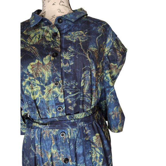 Garygraham422 3X Cotton Dress, Blue, Green Leaves, Pleated Button Antique Floral - Picture 4 of 7
